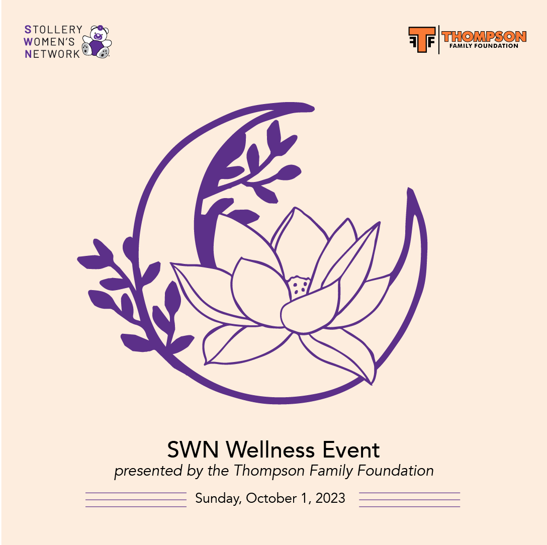 graphic of moon with leaves and a lotus flower with text that reads: "SWN Wellness Event presented by the THompson Family Foundation | Sunday, October 1, 2023"