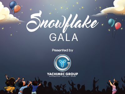 Text: Snowflake Gala presented by Yachimec Group Visual: Dark blue sky with white clouds and blue and orange balloons. Below, a partially silhouette group of children reach for the sky.