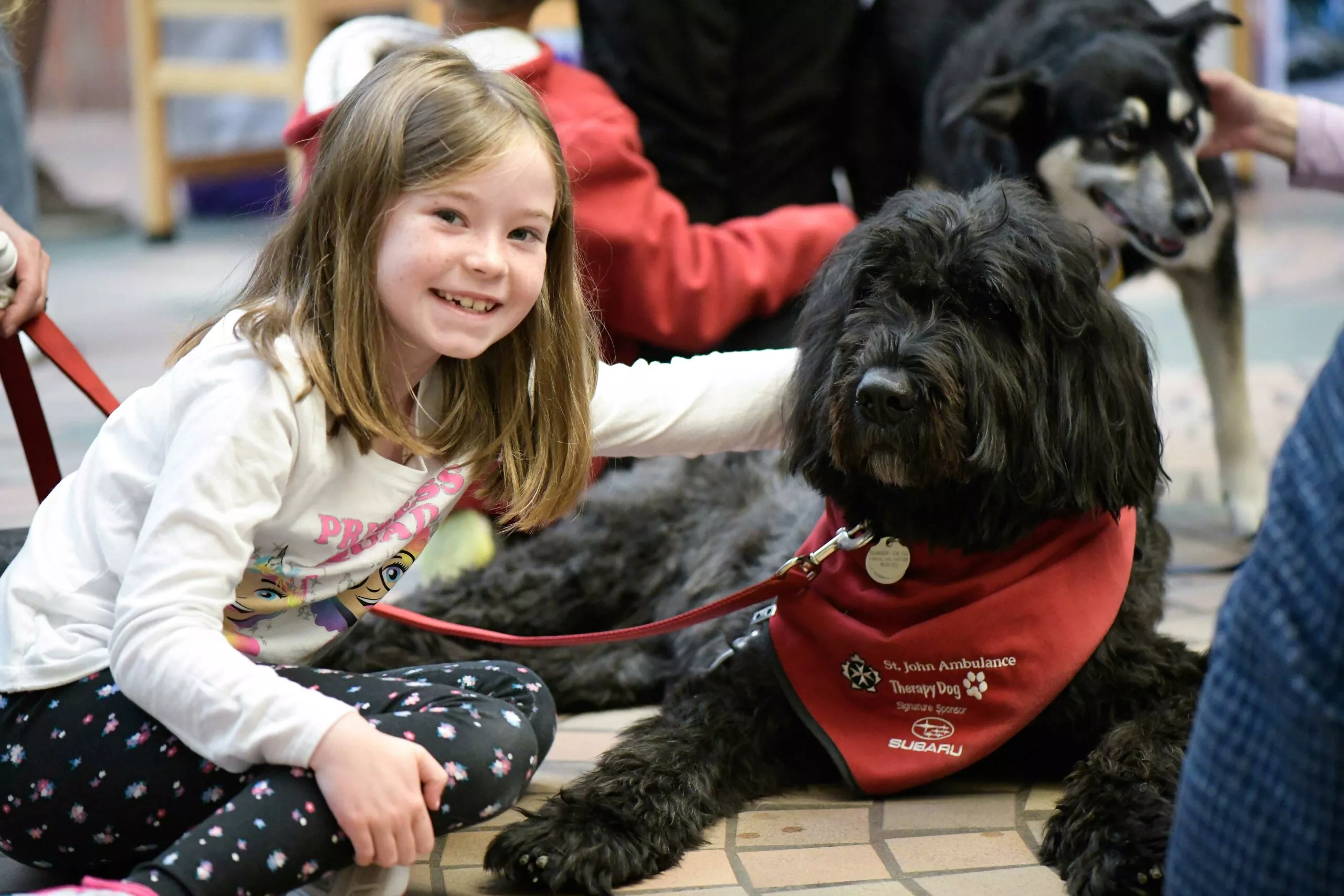 stollery pet therapy dog wearing red bandana with child smiling